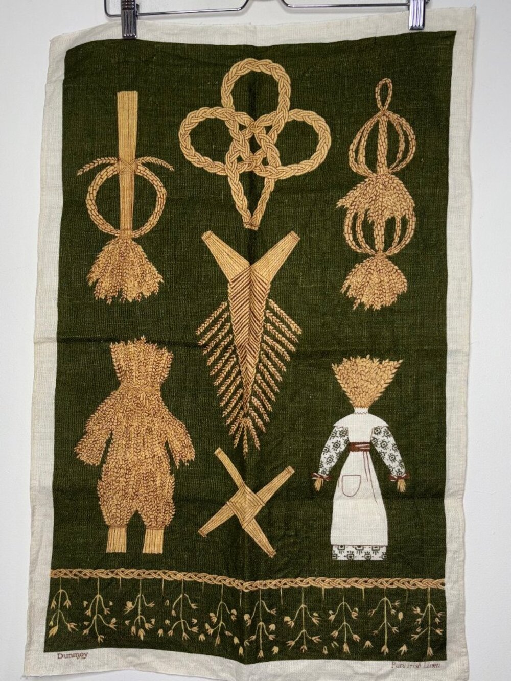 Vintage Dunmoy Irish Linen Tea Towel Wheat Corn Dollies Green Folk Art